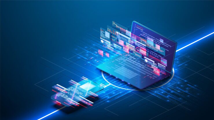 Vector futuristic web application development coding and programming responsive programming web banner blue responsive design landing page technology software of business program code on screen laptop