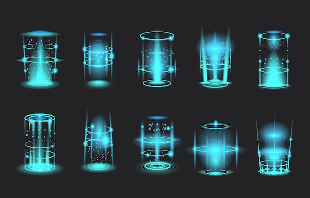 Futurísticos cilindros de energía de teletransporte con impresionantes efectos de brillo que cautivan la imaginación