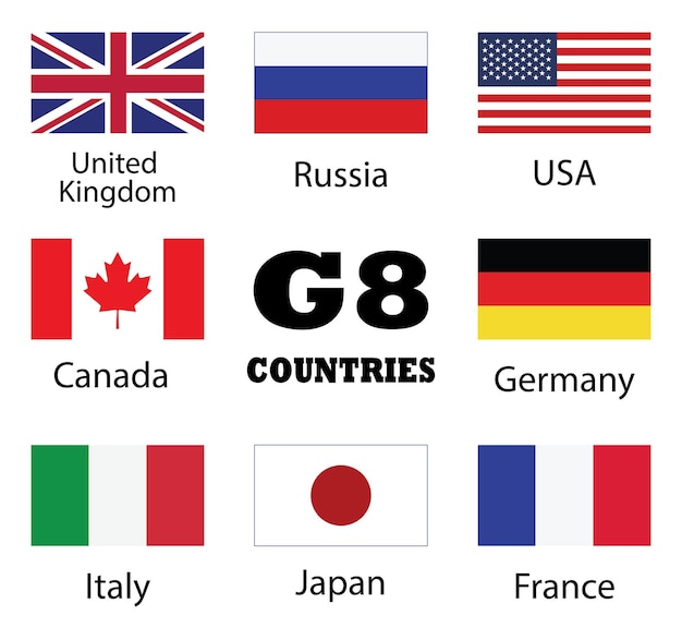 Vector g8 países colección de banderas reino unido rusia ee.uu. canadá alemania italia japón y francia países