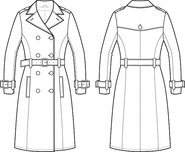 Gabardina de mujer con doble botonadura. Frente y detrás. ilustración vectorial