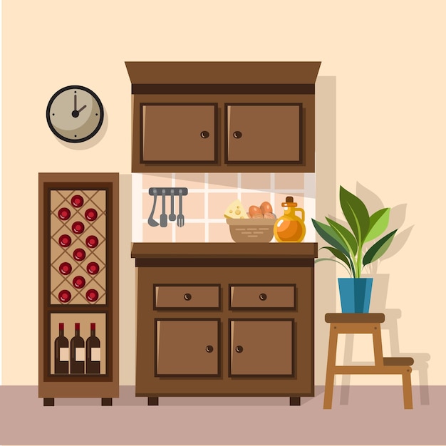 Vector gabinete de cocina gabinete de vino interior de cocina decoración de cocina ilustración vectorial