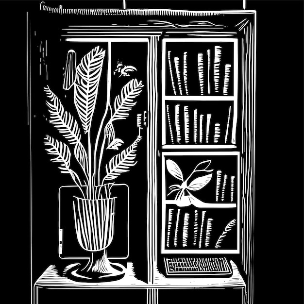 Gabinete con computadora y plantas colgantes, bolígrafo y libros, concepto dibujado a mano, ilustración aislada