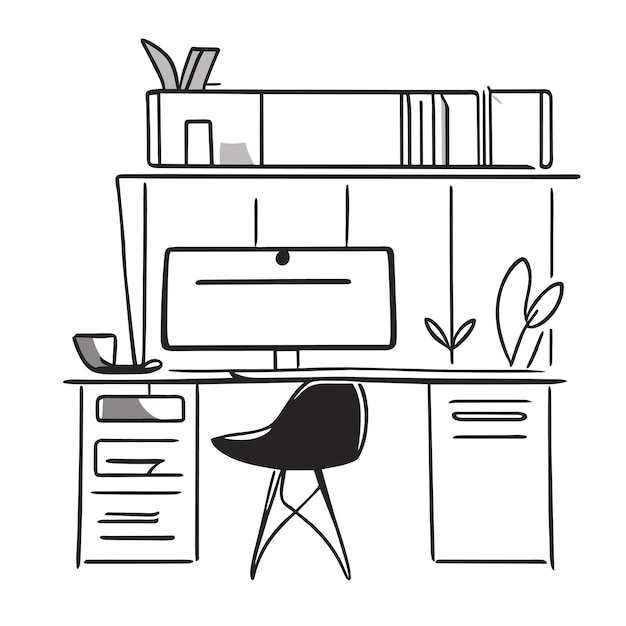 Gabinete con computadora y plantas colgantes, bolígrafo y libros, concepto dibujado a mano, ilustración aislada