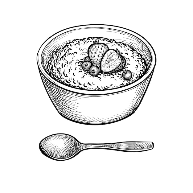 Gachas de avena con bayas en tazón y cuchara. Bosquejo de tinta de estilo vintage.