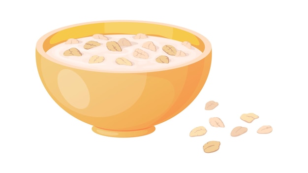 Gachas de avena Plato de dibujos animados con avena o muesli Cuenco de avena y copos dispersos Comida tradicional de la mañana Comida para el desayuno cocinando a partir de cereales Productos veganos ilustración vectorial