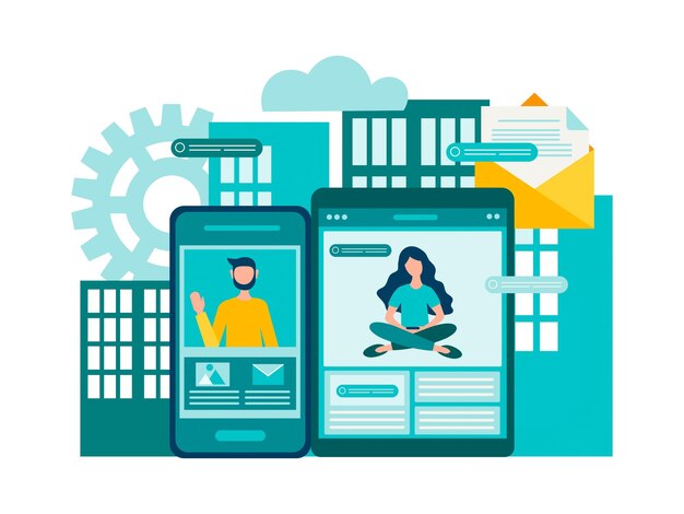 Gadgets comunicación electrónica e intercambio de información concepto en línea ilustración vectorial