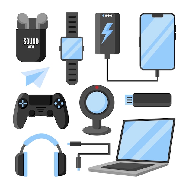 Gadgets digitales, electrónica moderna, conjunto de objetos de dibujos animados planos aislados, gráficos de dibujos animados planos vectoriales