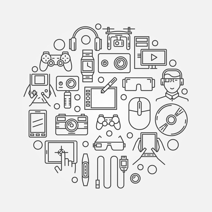 Vector gadgets y tecnología concepto vectorial ilustración redonda en estilo de línea fina