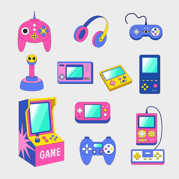Gadgets de videojuegos Gamepad consolas para nerd activos vintage en estilo retro imágenes vectoriales recientes conjunto aislado