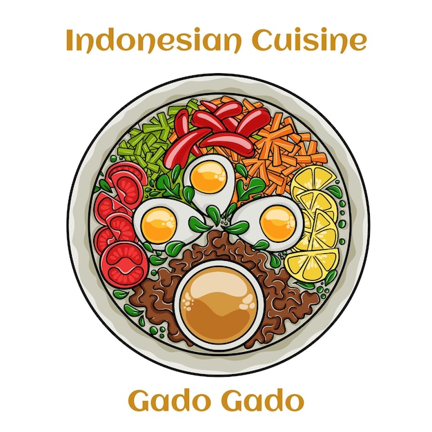 Gadogado es una ensalada típica de Indonesia que contiene verduras hervidas y patatas huevos duros tofu frito tempeh y lontong servido con salsa de cacahuete