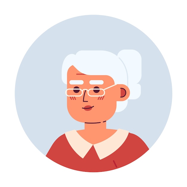 Vector gafas abuela asiática relajada sonriente ilustración de avatar vectorial 2d posando cara de personaje de dibujos animados de anciana japonesa retrato casual de cabeza imagen de perfil de usuario de color plano aislada en blanco