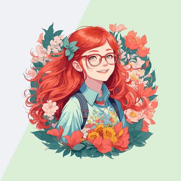 Gafas en abundancia Chica pelirroja feliz rodeada de flores Vector Ilustración