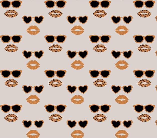 Gafas de belleza y labios femeninos de patrones sin fisuras Vector marrón