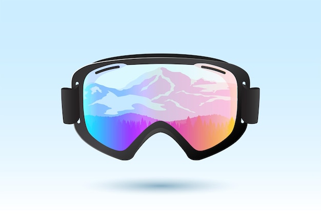 Gafas de esquí o snowboard con reflejo de montañas. Ilustración de vector.