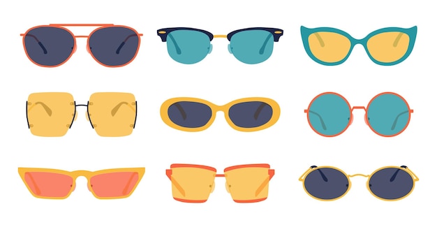 Gafas de fiesta. accesorio de color de moda de verano, colección de gafas retro de moda, anteojos de moda hipster. vector aislado colección set gafas de sol en blanco