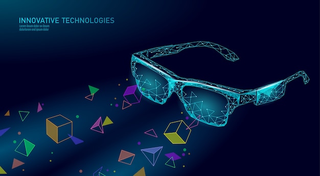 Gafas de realidad virtual aumentada. Concepto poligonal de entretenimiento de medios de innovación. Ilustración de cine de conexión web de tecnología.