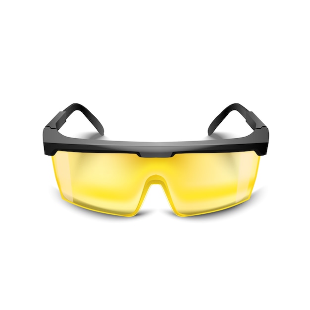 Gafas de seguridad de plástico sobre fondo blanco. gafas de trabajo eye  protection gear para construcción, medicina y deportes