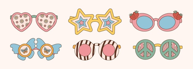 Gafas de sol ajustadas en estilo retro groovy hippie Diferentes formas estrellas símbolo de paz del corazón flores Ilustración vectorial de los años 70 y 80