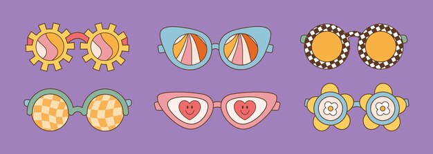 Gafas de sol ajustadas en estilo retro groovy hippie diferentes formas Ilustración vectorial de los años 70 y 80