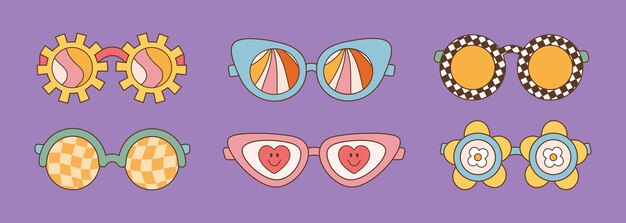 Vector gafas de sol ajustadas en estilo retro groovy hippie diferentes formas ilustración vectorial de los años 70 y 80