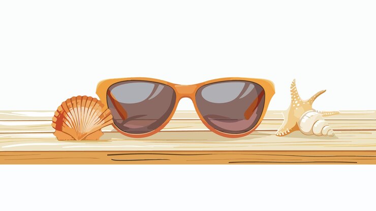 Vector gafas de sol y conchas elegantes en una mesa de madera con fondo blanco