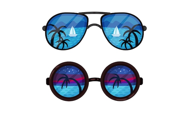 Gafas de sol con conjunto de vectores de reflexión de palma en el océano o en la orilla del mar