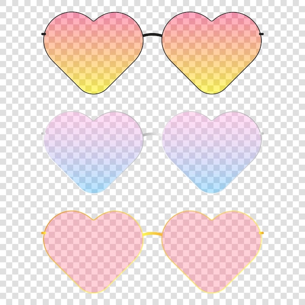 Gafas de sol en forma de corazón con lentes transparentes en diferentes marcos y con diferentes gradientes