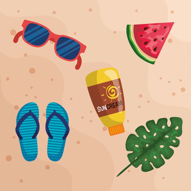 Vector gafas de sol con fruta de sandía y crema solar con flip-flop