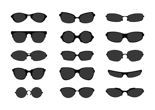 Gafas de sol negras Gafas de moda retro de diferentes formas Gafas de estilo vintage Logotipo de óptica geek o medicina Protección solar Gafas oscuras aisladas Conjunto de accesorios de moda de verano vectorial