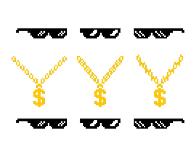 Gafas de sol pixeladas de jefe o gángster, cadena de oro. Atributos de matón. ilustración vectorial 8 bits