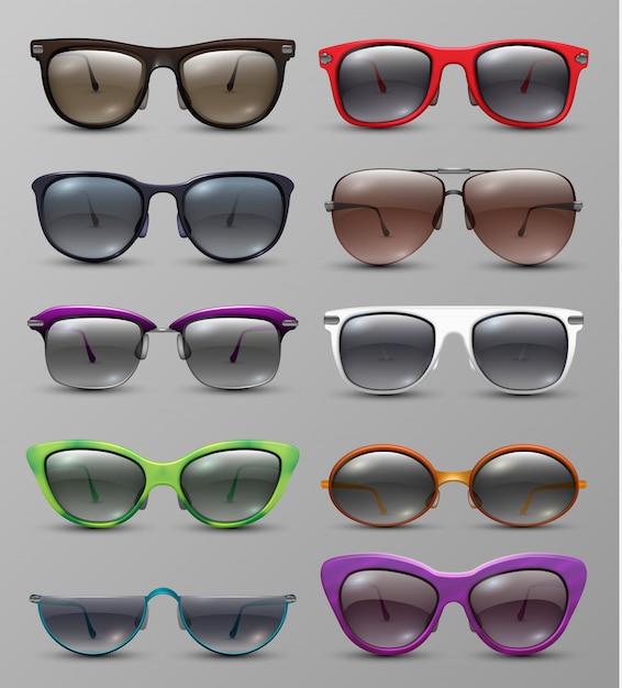 Gafas de sol realistas aislados con lente de color establecido. accesorio para gafas, gafas de protección para los ojos.