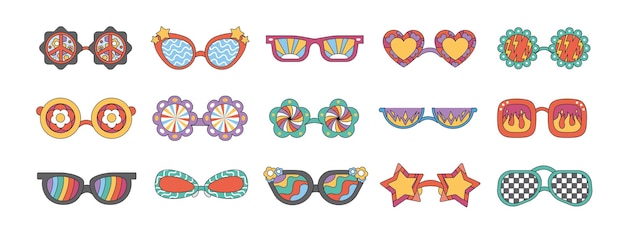 Gafas de sol retro groovy Gafas hippie de dibujos animados Gafas vintage psicodélicas de los años setenta gafas en diferentes formas con flores de fuego estrellas arco iris Patrón funky Colección de fiesta vectorial