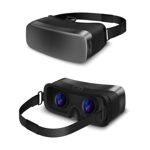Gafas VR o casco de realidad virtual. Dispositivo isométrico realista para realidad mixta. Gadget 3d negro para juegos modernos. Gafas ópticas para videojuegos. Juego y simulador, señal de tecnología.