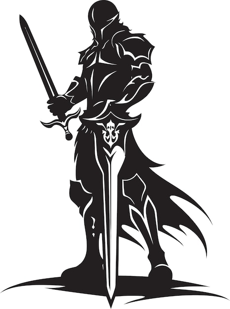Galante Guardián Vector Emblema de Caballero Soldado con Espada Levantada en Negro Defensor Real Negro Lo