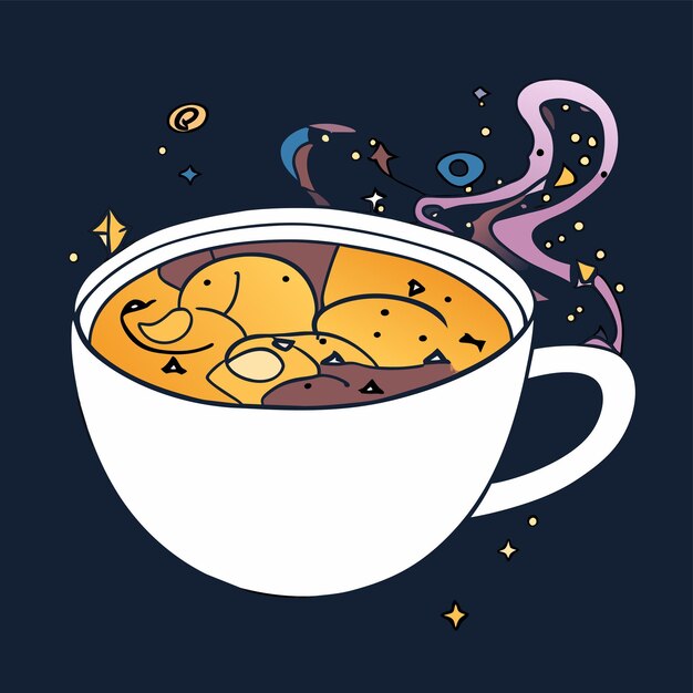 Galaxia dentro de una taza de té, café, dibujado a mano, caricatura, pegatina, icono, concepto, aislado, ilustración