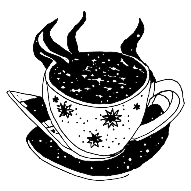 Vector galaxia dentro de una taza de té dibujado a mano dibujos animados pegatina icono concepto ilustración aislada