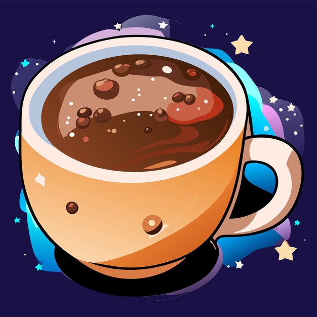 Galaxia dentro de una taza de té dibujado a mano dibujos animados pegatina icono concepto ilustración aislada