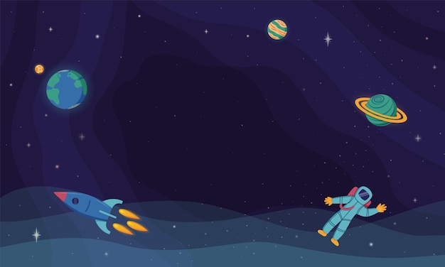 Galaxia estrella espacio niños estandarte en blanco cohete y planetas niño astronauta en el universo cielo estrellado infinito luna y tierra ciencia explorar aventuras vectorial dibujos animados fondo total