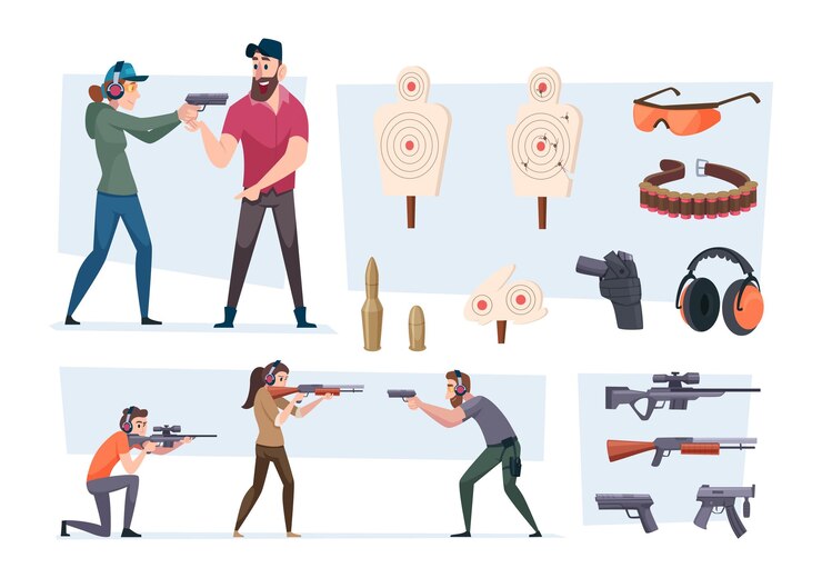 Vector galería de tiro objetivos para disparar armas personas con armas de fuego conjunto de dibujos animados vectorial exacto