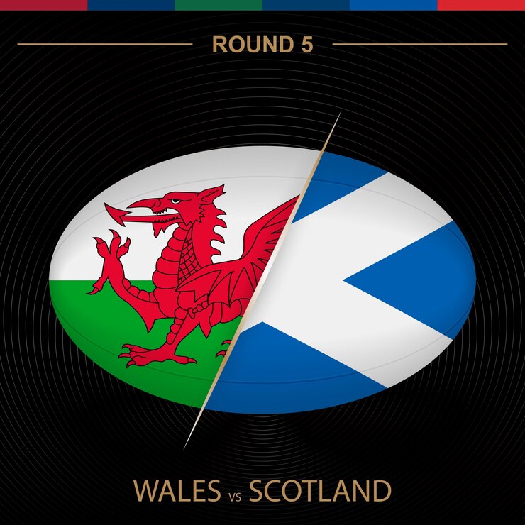 Vector gales contra escocia en el torneo de rugby ronda 5 icono de rugby en forma de pelota sobre fondo negro