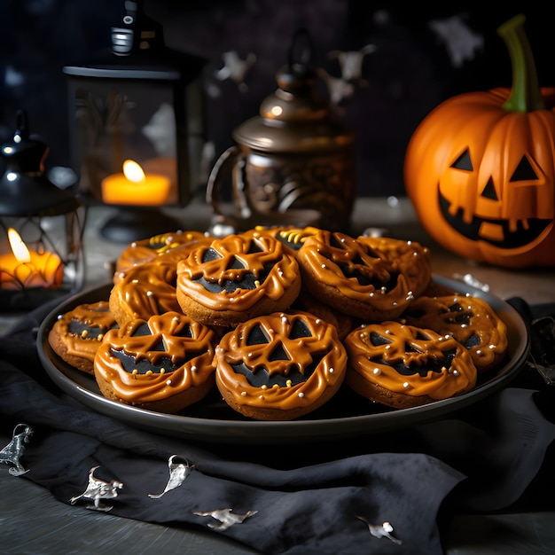 Galleta de calabaza jackolantern en un plato una imagen de halloween