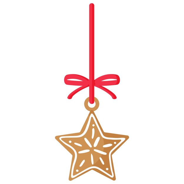 Galleta estrella navideña cubierta por glaseado blanco con cinta roja. Feliz navidad y próspero año nuevo concepto.