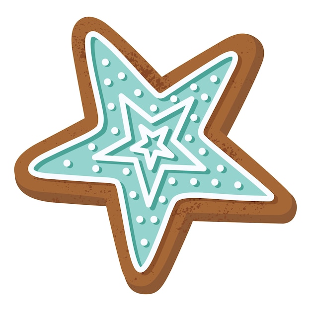 Galleta festiva en forma de estrella de pan de jengibre con detalles intrincados de glaseado en tonos azules y blancos suaves, perfecta para temas navideños, proyectos de horneado navideño, diseños estacionales y acogedoras celebraciones de invierno.