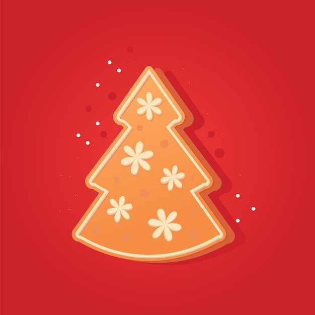 Galleta de pan de jengibre bajo la forma de árbol de navidad en un fondo rojo