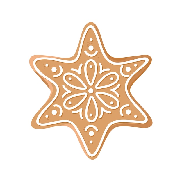Galleta de pan de jengibre de Navidad en forma de estrella con glaseado aislado sobre fondo blanco