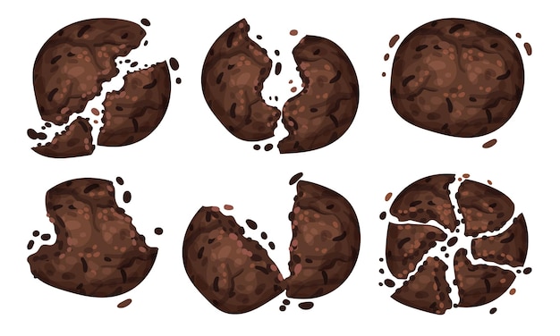 Vector galletas de avena de chocolate con migajas aisladas en un conjunto vectorial de fondo blanco