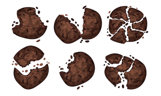 Vector galletas de avena de chocolate con migajas aisladas en un conjunto vectorial de fondo blanco