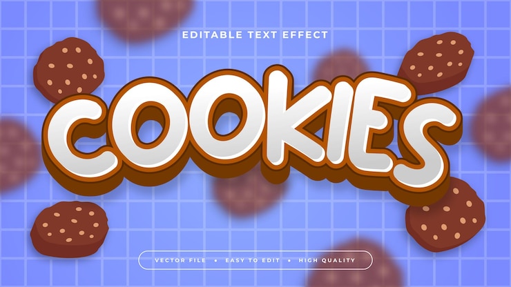 Vector galletas azules, blancas y marrones estilo de fuente de efecto de texto editable en 3d