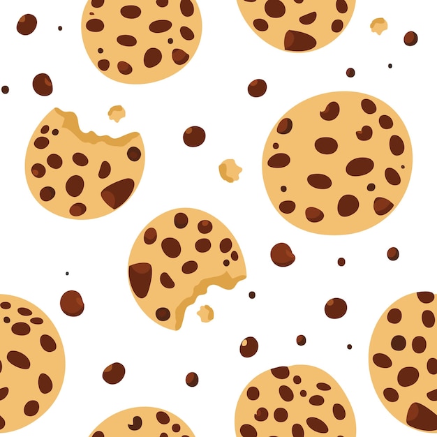 Galletas de chispas de chocolate patrón sin costuras Ilustración vectorial en estilo de dibujos animados en fondo blanco Para impresión web textil decoración del hogar diseño gráfico de superficie de moda