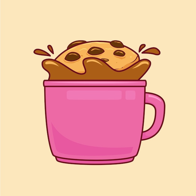 Galletas de chispas de chocolate que se sumergen en la taza de café taza ilustración vector estilo de dibujos animados
